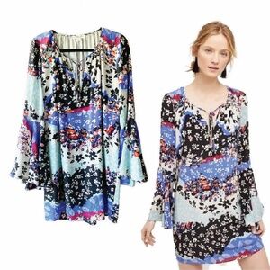 Anthropologie YUMI KIM Leta Silk Bell Sleeve Floral Dress Size Medium Multicolor